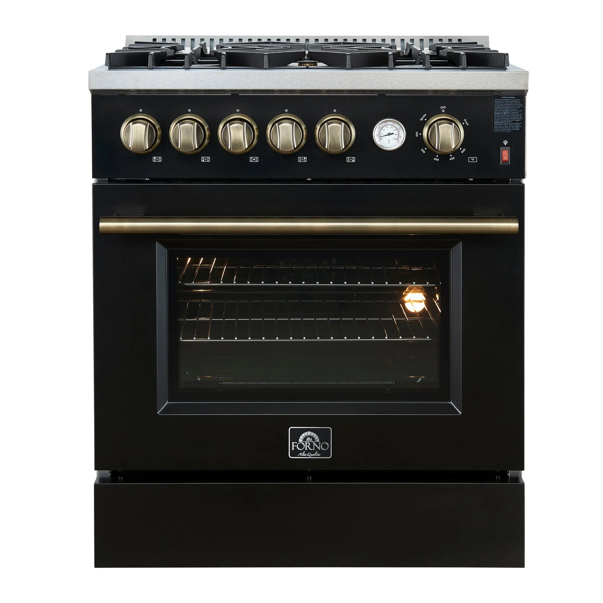 Forno Giovanni 30-inch Gas Range with Antique Brass Design, 5 Burners 67,000 BTU, 4.32 cu.ft. Convection Oven