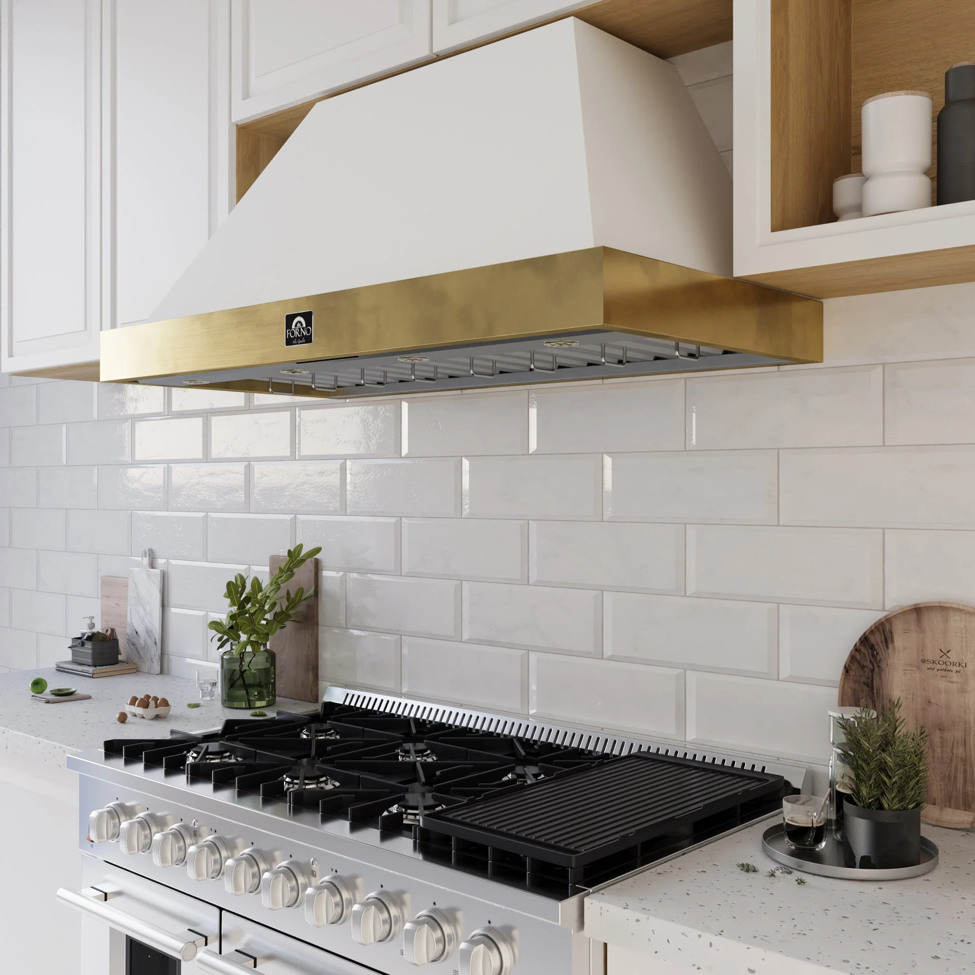 Forno Vittorio 48" Wall Mount Range Hood – Antique Brass Trim, 424 CFM, Remote Control, LED Lighting & Dishwasher-Safe Filters - Image 13