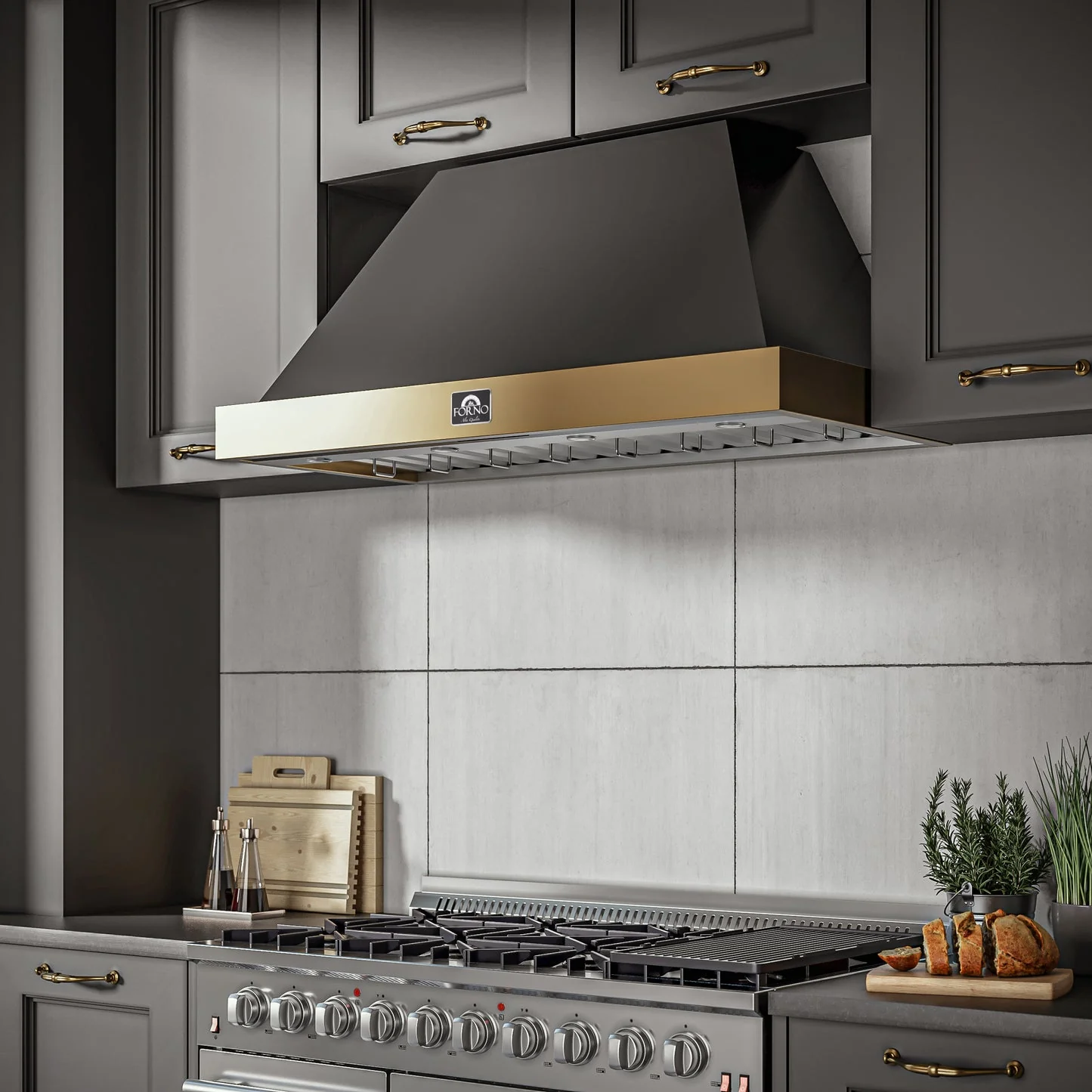 Forno Vittorio 48" Wall Mount Range Hood – Antique Brass Trim, 424 CFM, Remote Control, LED Lighting & Dishwasher-Safe Filters - Image 24