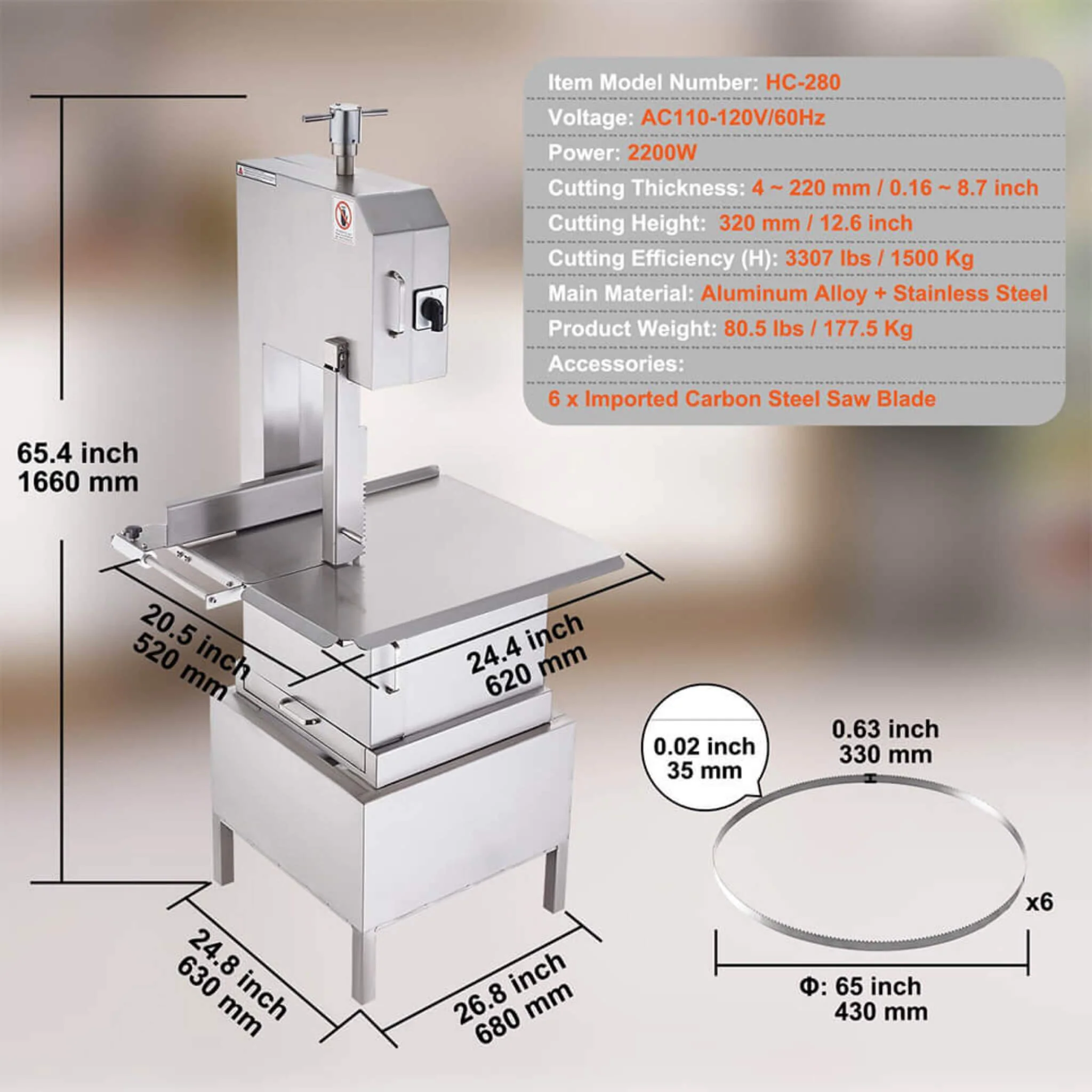 Heavy Duty Commercial Electric Meat Bone Saw Cutting Band Machine With 6 Saw Blades, 2200W - Image 5