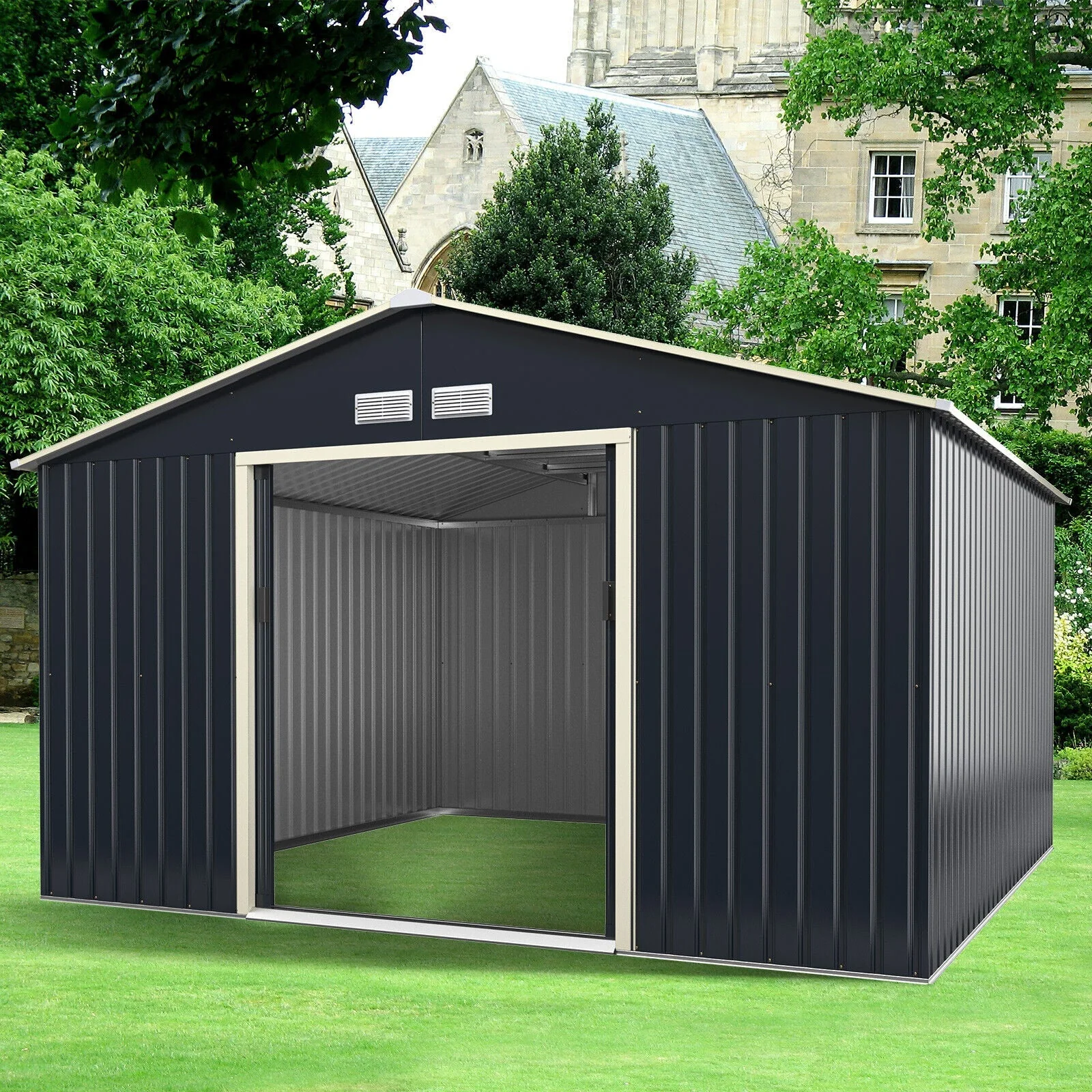 Heavy Duty Outdoor Metal Garden Tool Shed W/ Lockable Sliding Doors, 11' x 10' (95081295) - Image 10