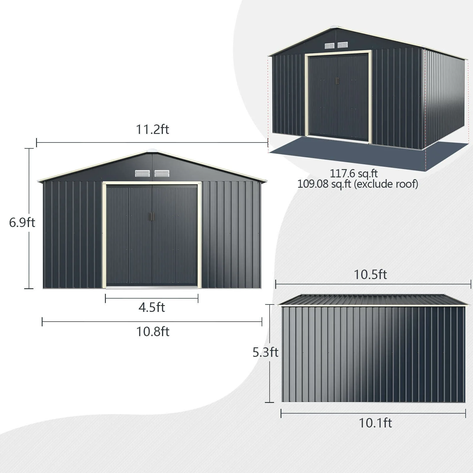 Heavy Duty Outdoor Metal Garden Tool Shed W/ Lockable Sliding Doors, 11' x 10' (95081295) - Image 11