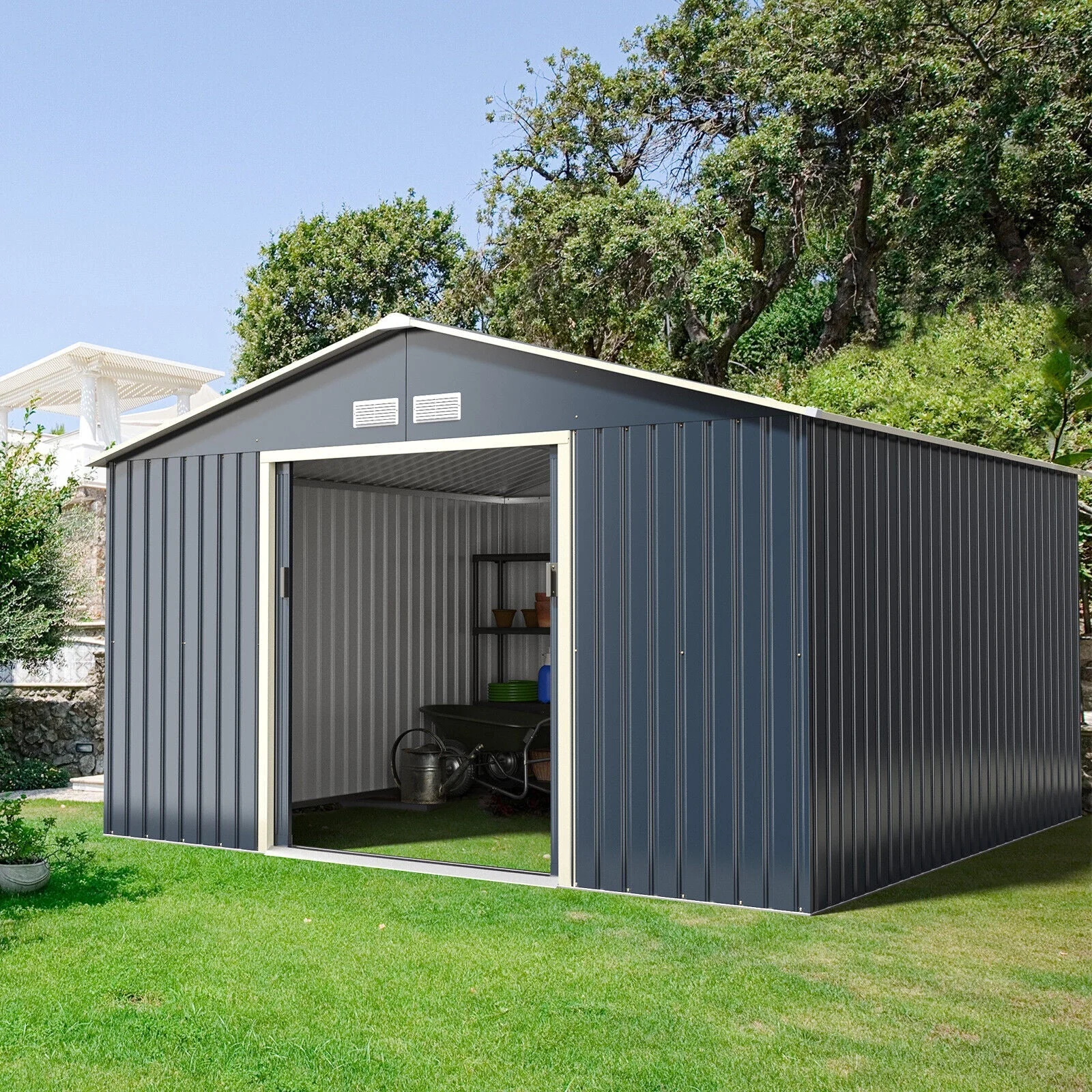 Heavy Duty Outdoor Metal Garden Tool Shed W/ Lockable Sliding Doors, 11' x 10' (95081295) - Image 2