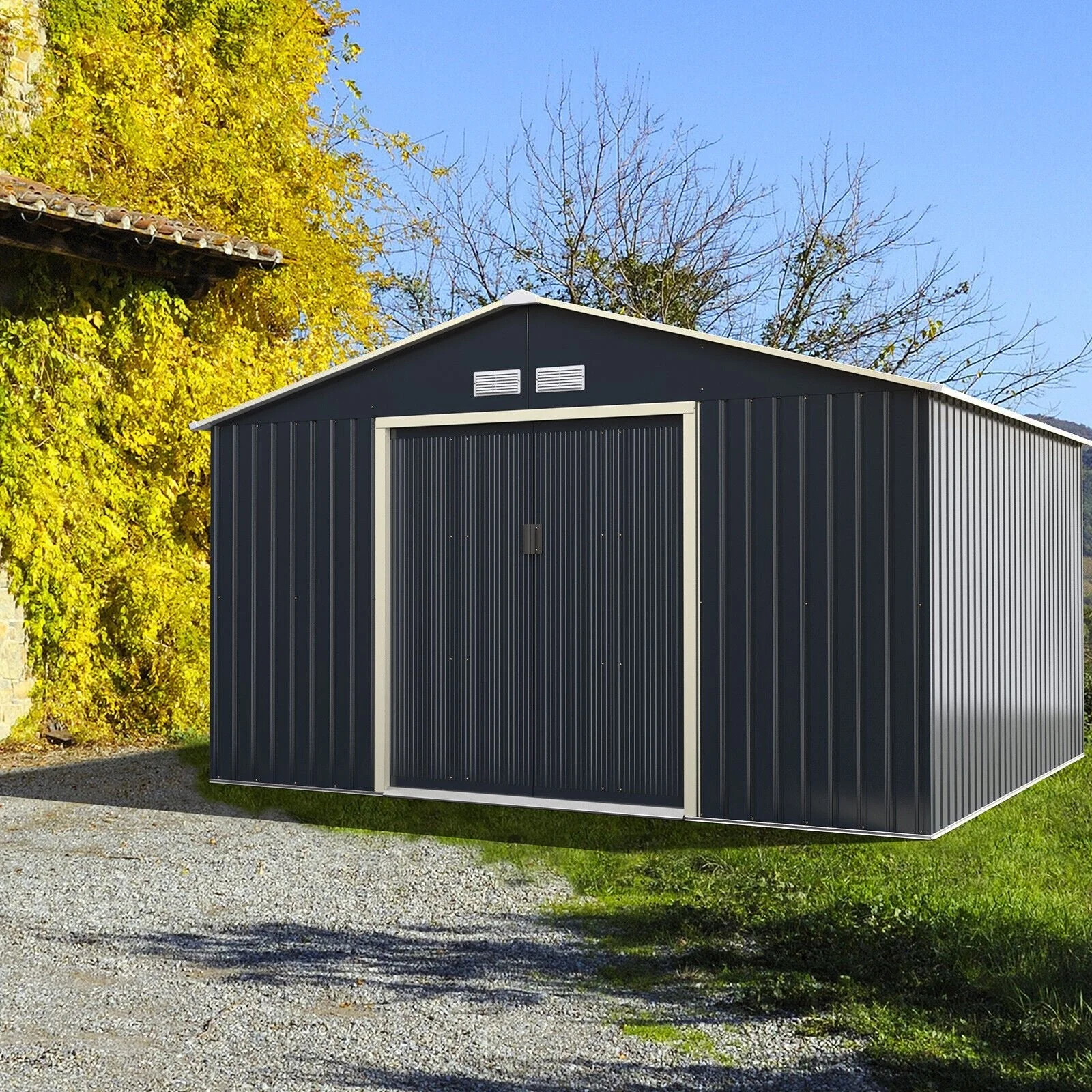Heavy Duty Outdoor Metal Garden Tool Shed W/ Lockable Sliding Doors, 11' x 10' (95081295) - Image 4