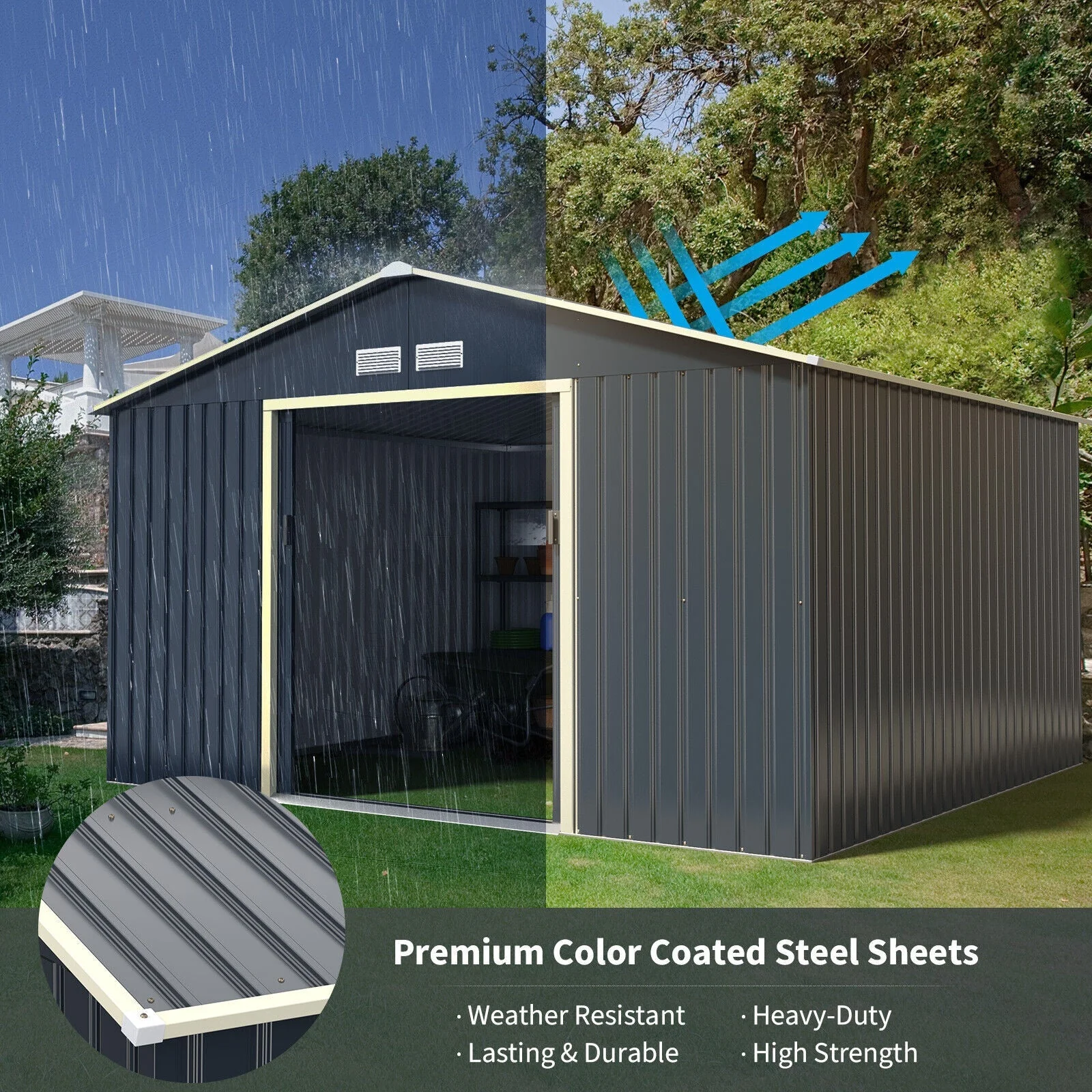 Heavy Duty Outdoor Metal Garden Tool Shed W/ Lockable Sliding Doors, 11' x 10' (95081295) - Image 6