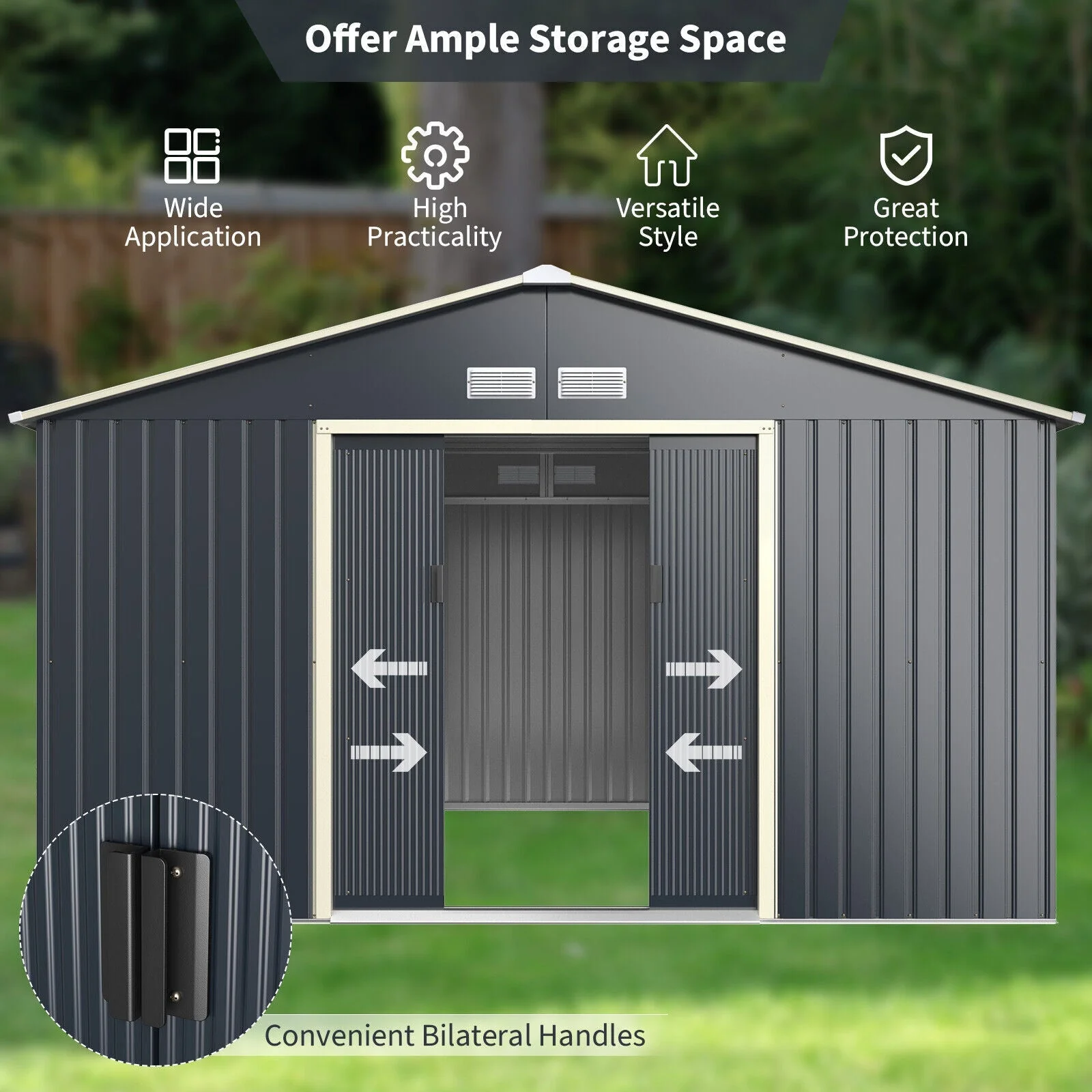 Heavy Duty Outdoor Metal Garden Tool Shed W/ Lockable Sliding Doors, 11' x 10' (95081295) - Image 7