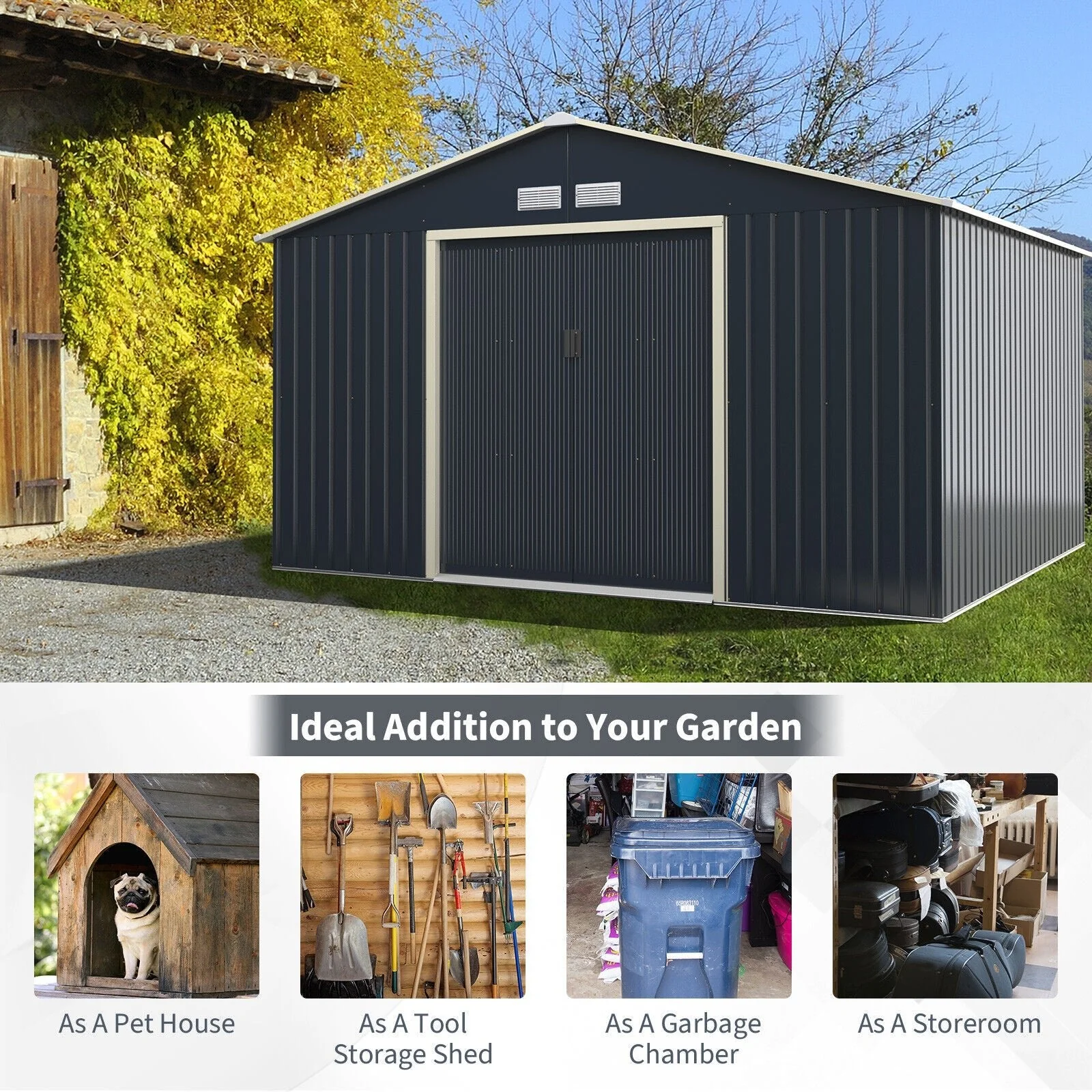 Heavy Duty Outdoor Metal Garden Tool Shed W/ Lockable Sliding Doors, 11' x 10' (95081295) - Image 8