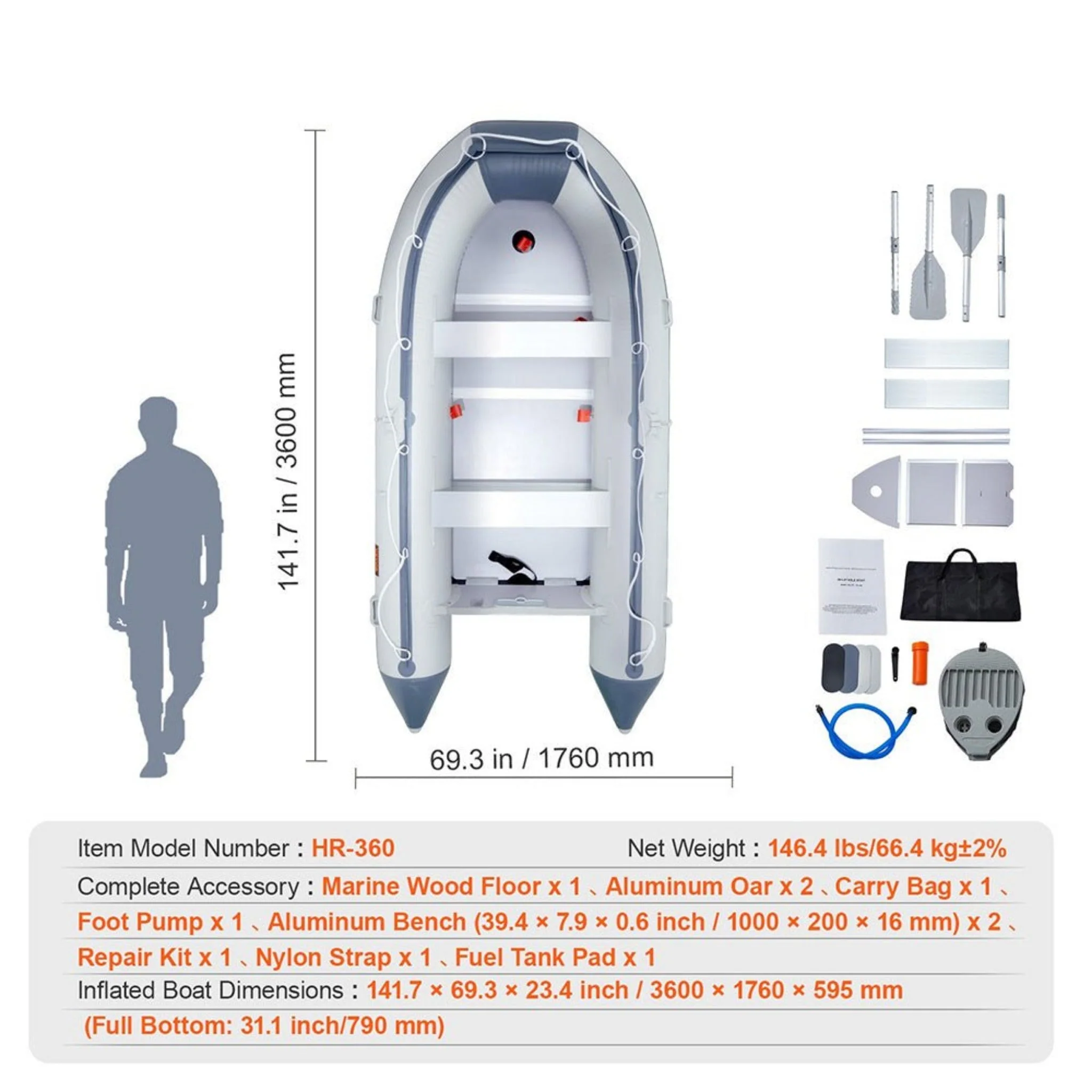 Inflatable 6-Person Emergency Dinghy Fishing Boat With Wood Floor And Aluminum Benches, 12FT - Image 14