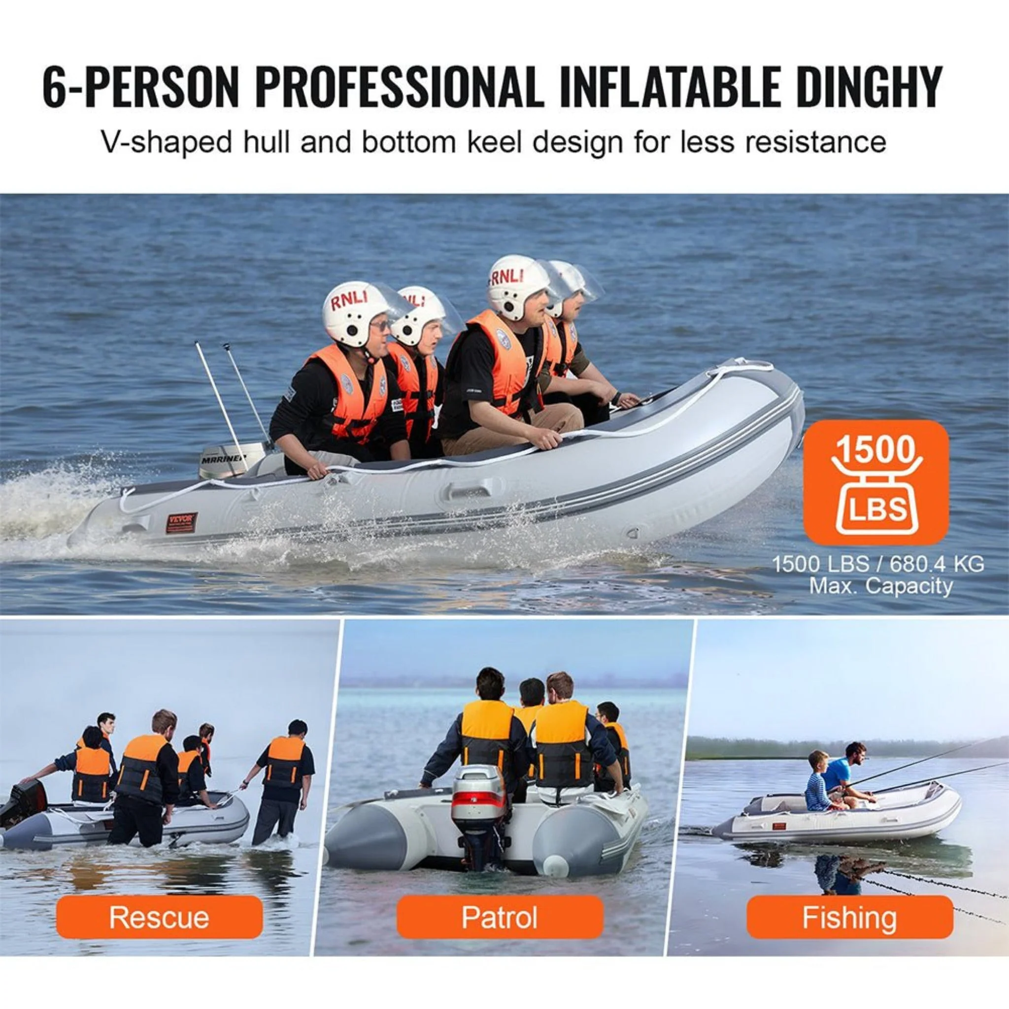 Inflatable 6-Person Emergency Dinghy Fishing Boat With Wood Floor And Aluminum Benches, 12FT - Image 3