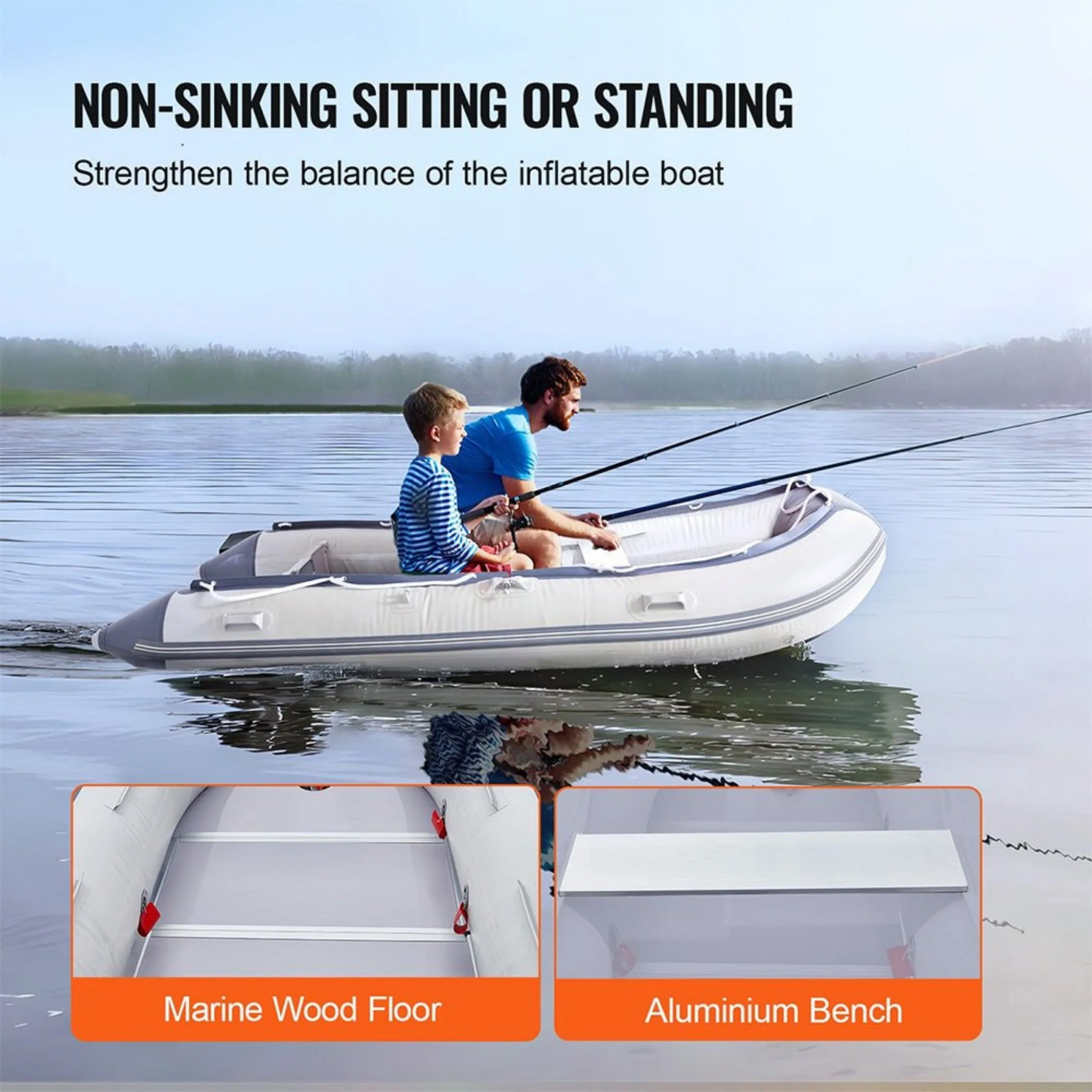 Inflatable 6-Person Emergency Dinghy Fishing Boat With Wood Floor And Aluminum Benches, 12FT - Image 7