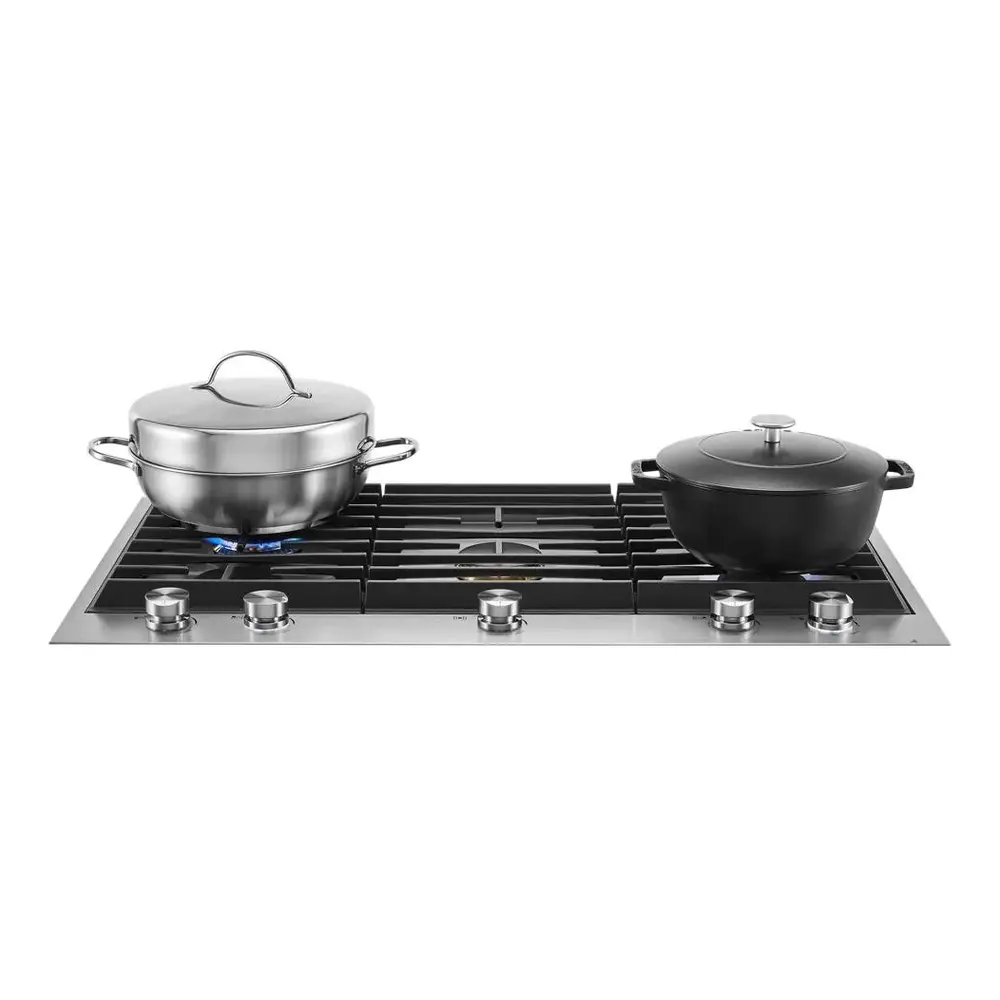 JennAir 36 inch Gas Cooktop with 5 Burners, 20000 BTU Dual Stacked PowerBurner, Flame-Sensing Re-ignition, and White LED Burner Indicator in Stainless Steel, JGC3536GS - Image 3