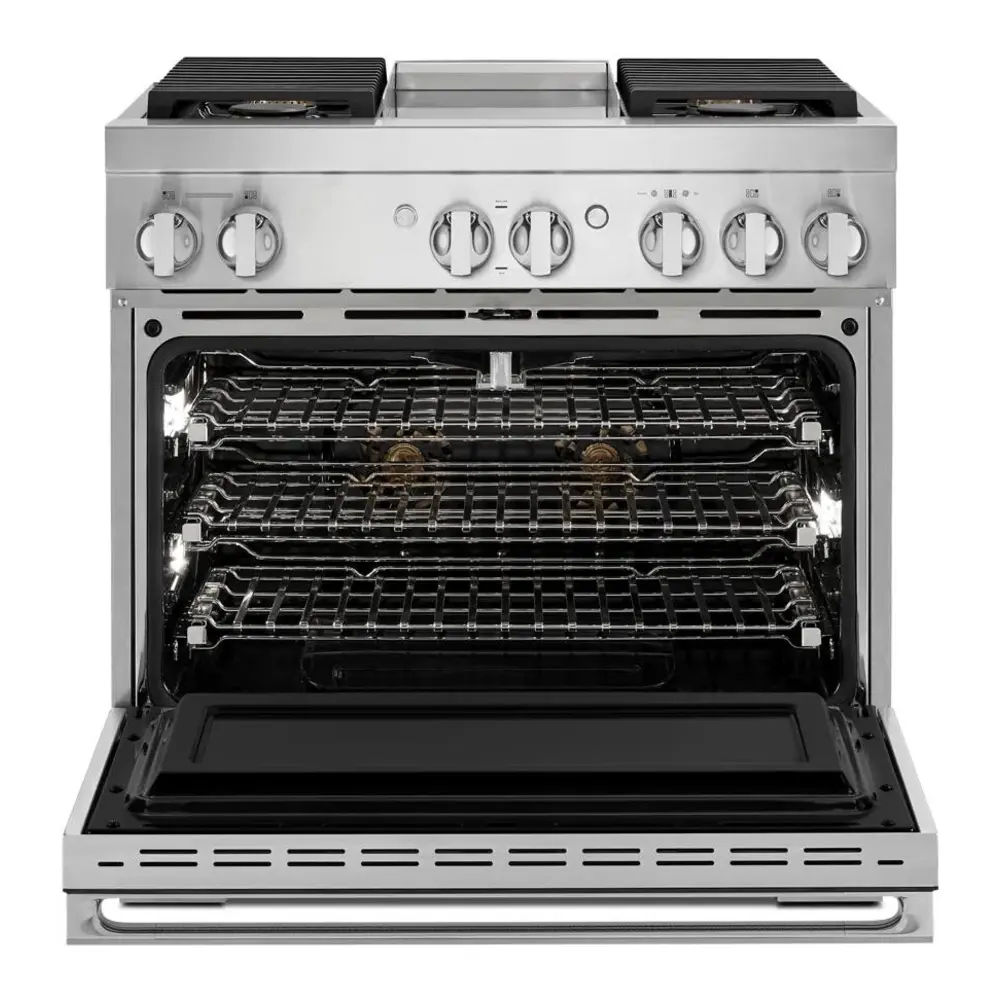 JennAir NOIR 36 inch Dual-Fuel Professional Range with 5.1 cu. ft. Oven Capacity, 4 Burners and Griddle, Remote Access, Cinematic Oven Lights, and Sabbath Mode in Stainless Steel, JDSP536HM - Image 2