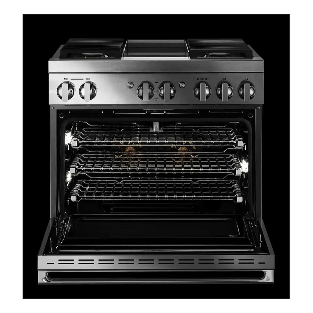 JennAir NOIR 36 inch Dual-Fuel Professional Range with 5.1 cu. ft. Oven Capacity, 4 Burners and Griddle, Remote Access, Cinematic Oven Lights, and Sabbath Mode in Stainless Steel, JDSP536HM - Image 5