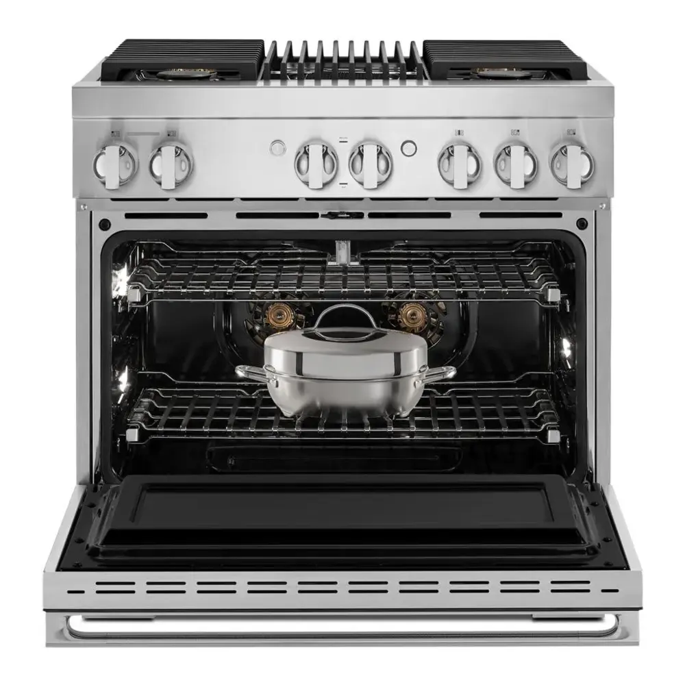 JennAir NOIR 36 inch Dual Fuel Professional Range with 5.1 cu. ft. Oven Capacity, 4 Burners, Grill, Remote Access, Glide Racks, Cast Iron Grates, Cinematic Oven Lighting, and Sabbath Mode in Stainless Steel, JDRP636HM - Image 2