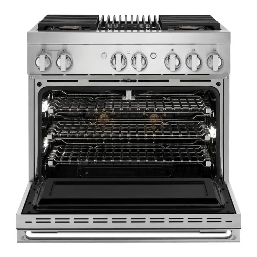 JennAir NOIR 36 inch Dual Fuel Professional Range with 5.1 cu. ft. Oven Capacity, 4 Burners, Grill, Remote Access, Glide Racks, Cast Iron Grates, Cinematic Oven Lighting, and Sabbath Mode in Stainless Steel, JDRP636HM - Image 3