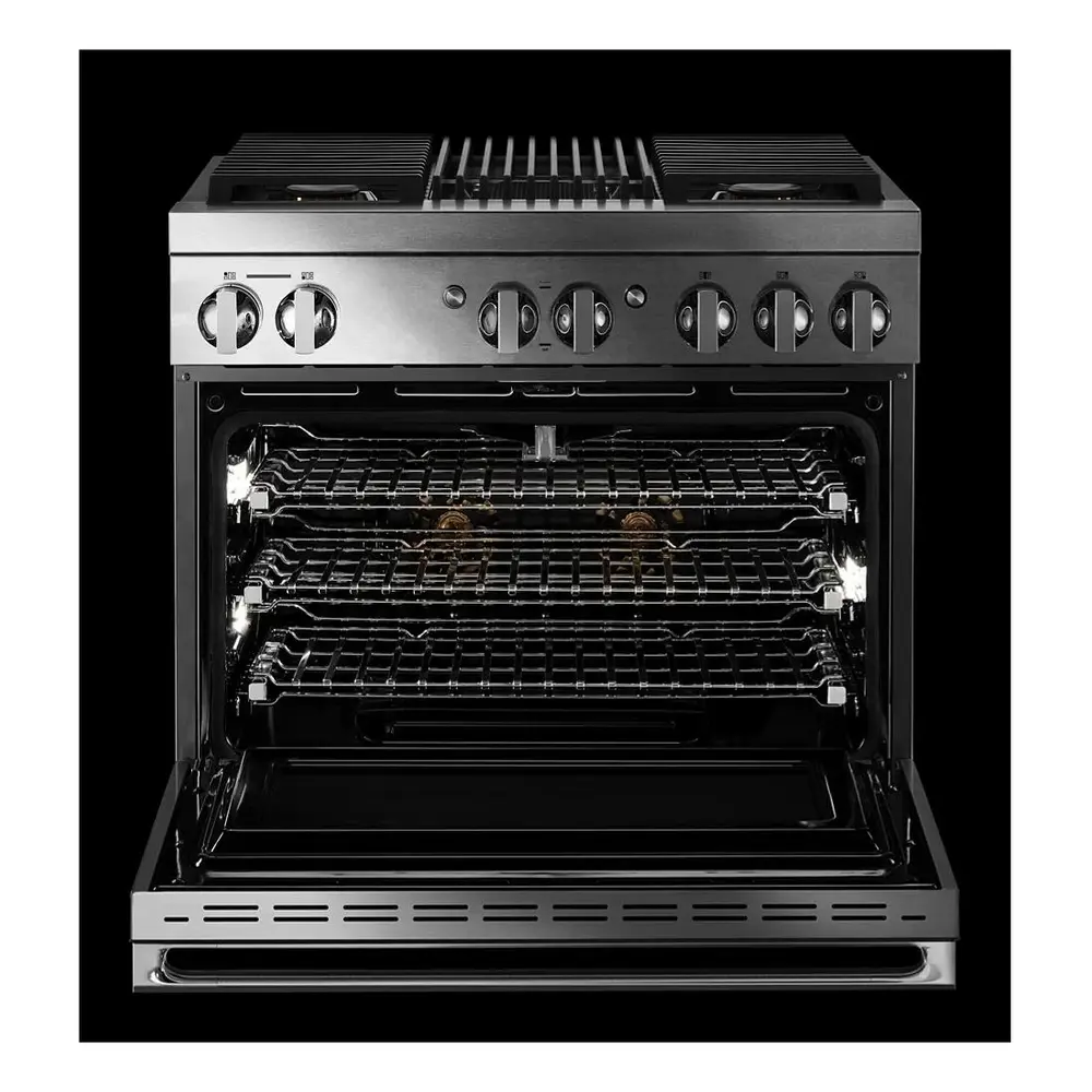 JennAir NOIR 36 inch Dual Fuel Professional Range with 5.1 cu. ft. Oven Capacity, 4 Burners, Grill, Remote Access, Glide Racks, Cast Iron Grates, Cinematic Oven Lighting, and Sabbath Mode in Stainless Steel, JDRP636HM - Image 4