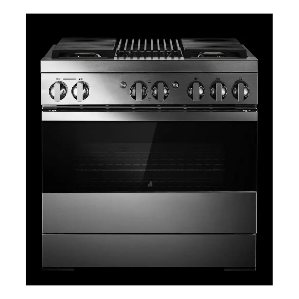 JennAir NOIR 36 inch Dual Fuel Professional Range with 5.1 cu. ft. Oven Capacity, 4 Burners, Grill, Remote Access, Glide Racks, Cast Iron Grates, Cinematic Oven Lighting, and Sabbath Mode in Stainless Steel, JDRP636HM - Image 5