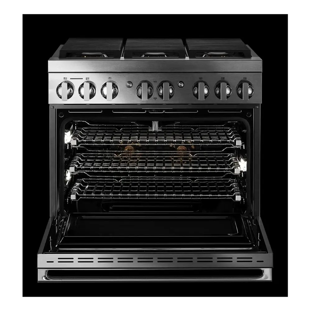 JennAir NOIR 36 inch Smart Dual-Fuel Professional Range with 6 Burners, 5.1 cu. ft. Oven Capacity, Remote Access, Dual-Stacked PowerBurners, Glide Racks, and Sabbath Mode in Stainless Steel, JDRP436HM - Image 4