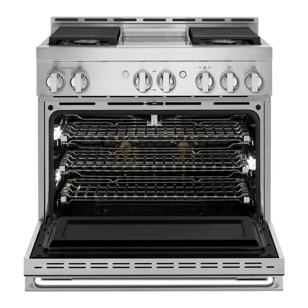 JennAir NOIR 36 inch Smart Gas Range with 4 Sealed Burners, 5.1 Cu. Ft. Oven Capacity, Remote Access, Halo-Effect Knobs, Chrome-Infused Griddle, in Stainless Steel, JGRP536HM - Image 2