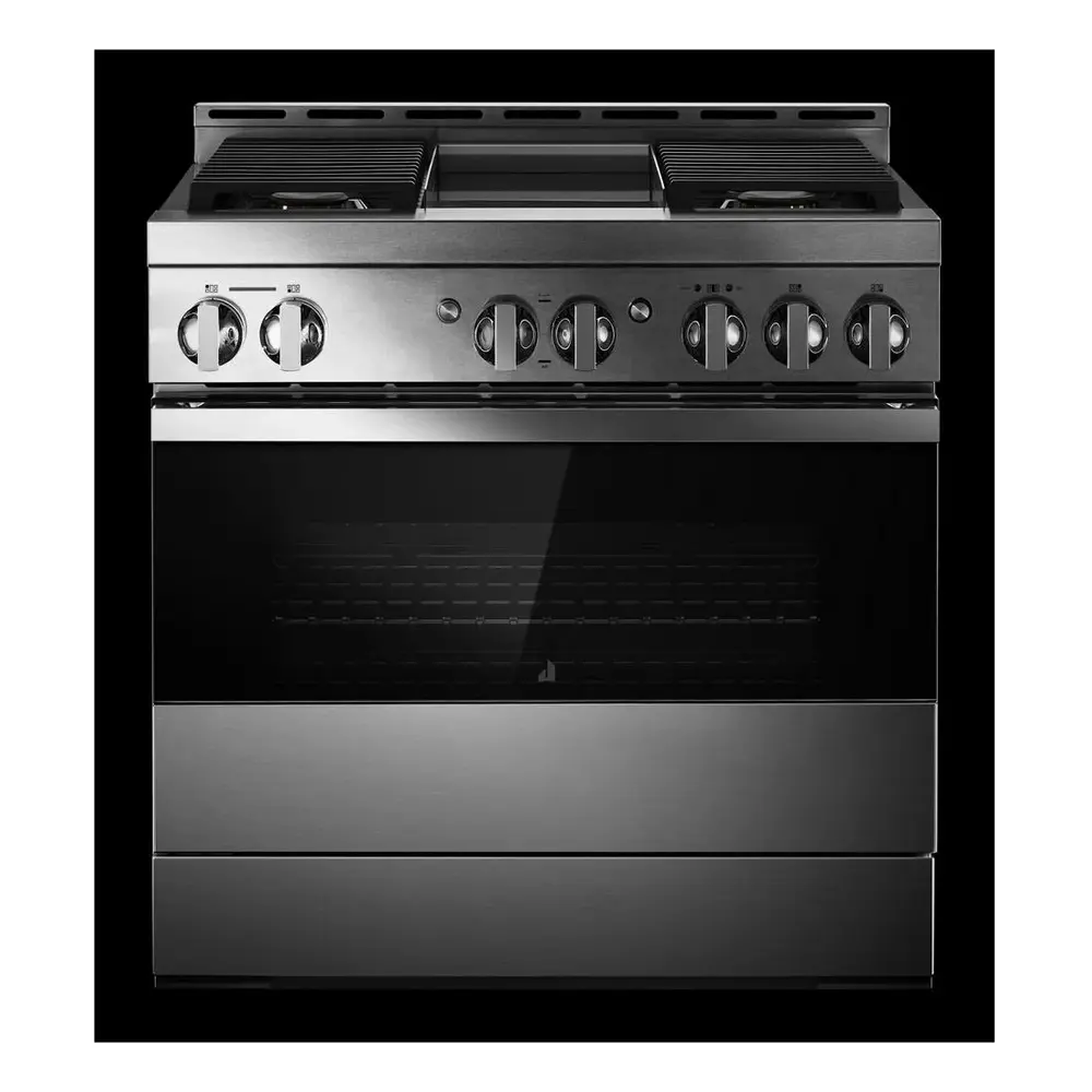 JennAir NOIR 36 inch Smart Gas Range with 4 Sealed Burners, 5.1 Cu. Ft. Oven Capacity, Remote Access, Halo-Effect Knobs, Chrome-Infused Griddle, in Stainless Steel, JGRP536HM - Image 4