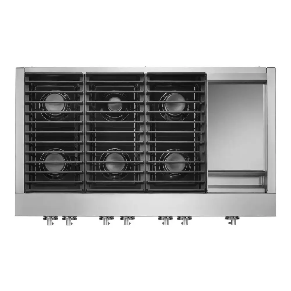 JennAir NOIR 48 inch Gas Rangetop with 6 Sealed Burners, Cast Iron Grates, Electronic Ignition with Flame-Sensing Reignition and Chrome Infused Griddle in Stainless Steel, JGCP548HM - Image 2