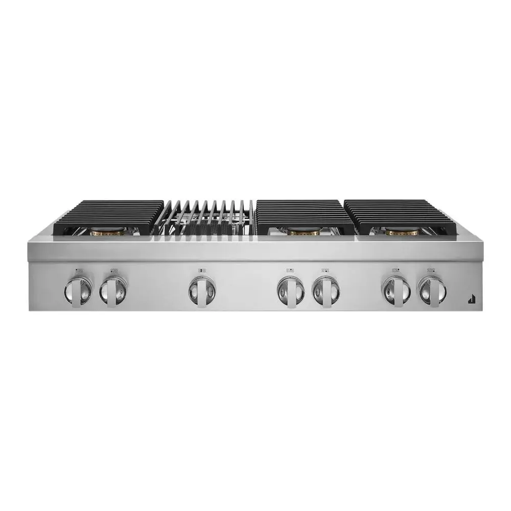 JennAir NOIR 48 inch Gas Rangetop with 6 Sealed Burners, Grill, Dishwasher Safe Cast Iron Grates, Electronic Ignition Flame-Sensing Reignition in Stainless Steel, JGCP648HM