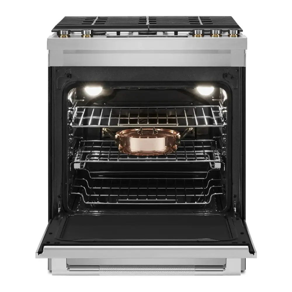 JennAir RISE 30 inch Dual Fuel Slide-In Range with 5 Burners, 6.8 cu. ft. Oven Capacity with True Convection, Baking Drawer, Air Fry, AquaLift Self-Cleaning Technology, in Stainless Steel, JDS1450ML - Image 2