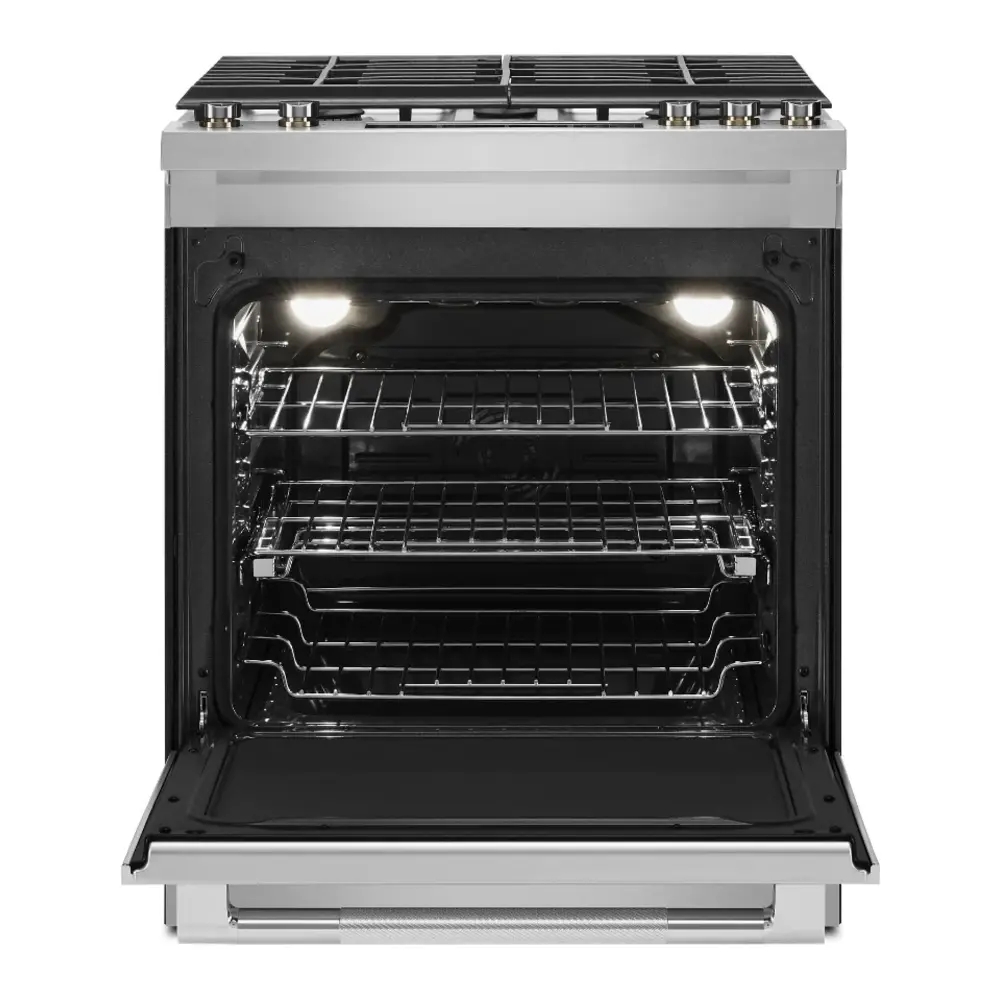 JennAir RISE 30 inch Dual Fuel Slide-In Range with 5 Burners, 6.8 cu. ft. Oven Capacity with True Convection, Baking Drawer, Air Fry, AquaLift Self-Cleaning Technology, in Stainless Steel, JDS1450ML - Image 3