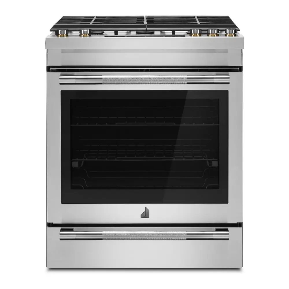 JennAir RISE 30 inch Slide-In Gas Range with 5 Burners, 6.4 cu. ft. Oven Capacity with True Convection, Baking Drawer, Air Fry, AquaLift Self-Cleaning Technology, in Stainless Steel, JGS1450ML