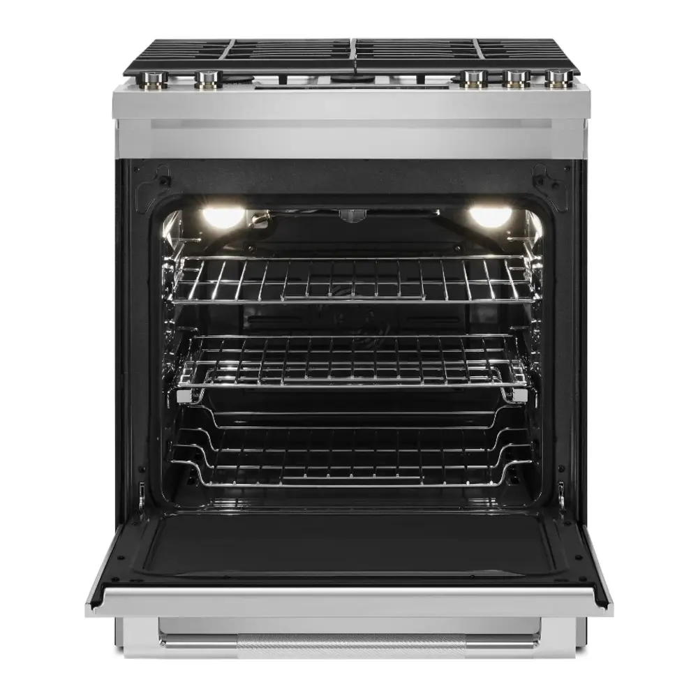 JennAir RISE 30 inch Slide-In Gas Range with 5 Burners, 6.4 cu. ft. Oven Capacity with True Convection, Baking Drawer, Air Fry, AquaLift Self-Cleaning Technology, in Stainless Steel, JGS1450ML - Image 2
