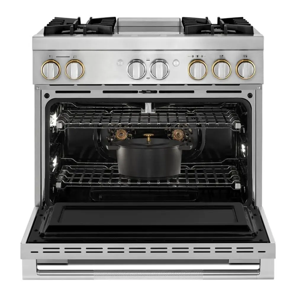 JennAir RISE 36 inch Dual Fuel Professional Range with 5.1 cu. ft. Oven Capacity, 4 Burners and Griddle, Remote Access, Cinematic Oven Lights, in Stainless Steel, JDRP536HL - Image 2