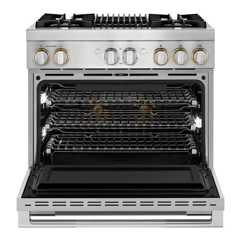JennAir RISE 36 inch Dual Fuel Professional Range with 5.1 cu. ft. Oven Capacity, 4 Burners, Grill, Remote Access, Glide Racks, Cast Iron Grates, Cinematic Oven Lighting, and Sabbath Mode in Stainless Steel, JDRP636HL - Image 2