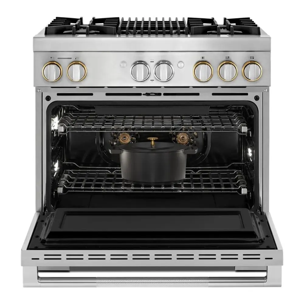 JennAir RISE 36 inch Dual Fuel Professional Range with 5.1 cu. ft. Oven Capacity, 4 Burners, Grill, Remote Access, Glide Racks, Cast Iron Grates, Cinematic Oven Lighting, and Sabbath Mode in Stainless Steel, JDRP636HL - Image 5