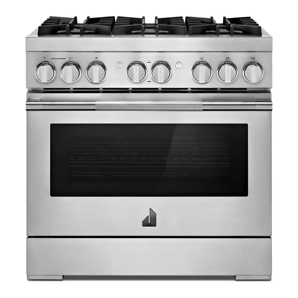 JennAir RISE 36 inch Smart Dual-Fuel Professional Range with 6 Burners, 5.1 cu. ft. Oven Capacity, Remote Access, Dual-Stacked PowerBurners, Glide Racks, and Sabbath Mode in Stainless Steel, JDRP436HL