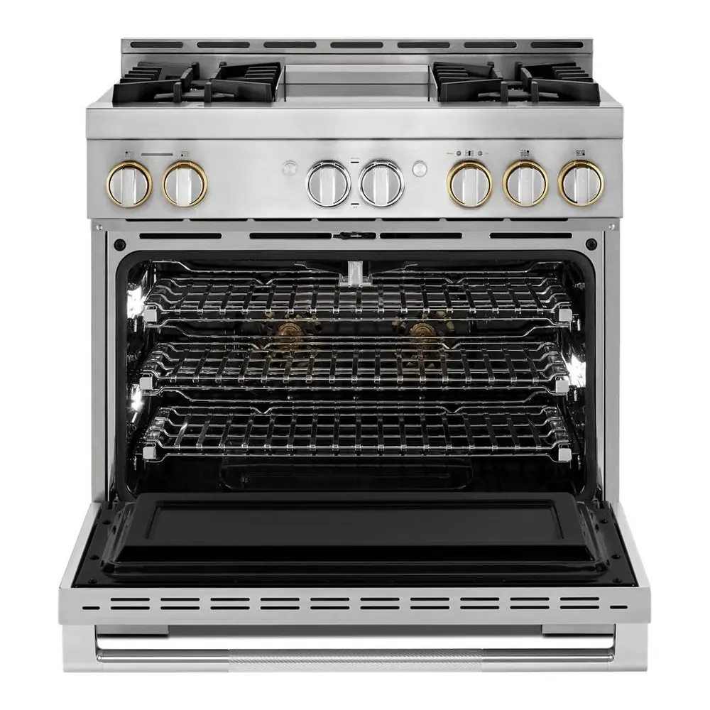 JennAir RISE 36 inch Smart Gas Range with 4 Sealed Burners, 5.1 Cu. Ft. Oven Capacity, Remote Access, Halo-Effect Knobs, Chrome-Infused Griddle, in Stainless Steel, JGRP536HL - Image 2