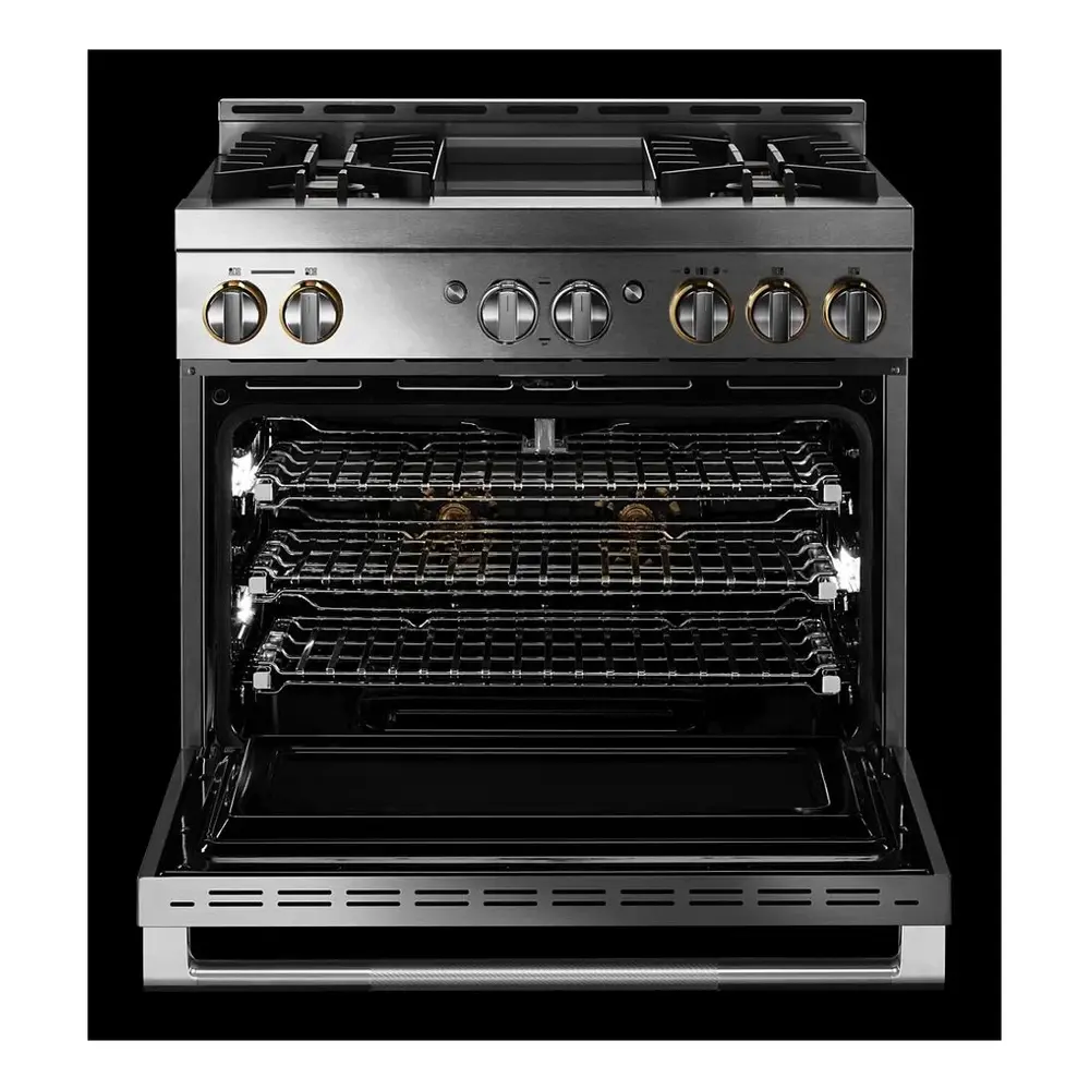 JennAir RISE 36 inch Smart Gas Range with 4 Sealed Burners, 5.1 Cu. Ft. Oven Capacity, Remote Access, Halo-Effect Knobs, Chrome-Infused Griddle, in Stainless Steel, JGRP536HL - Image 7