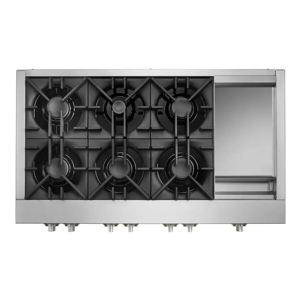 JennAir RISE 48 inch Gas Rangetop with 6 Sealed Burners, Cast Iron Grates, Electronic Ignition with Flame-Sensing Reignition and Chrome Infused Griddle in Stainless Steel, JGCP548HL - Image 2