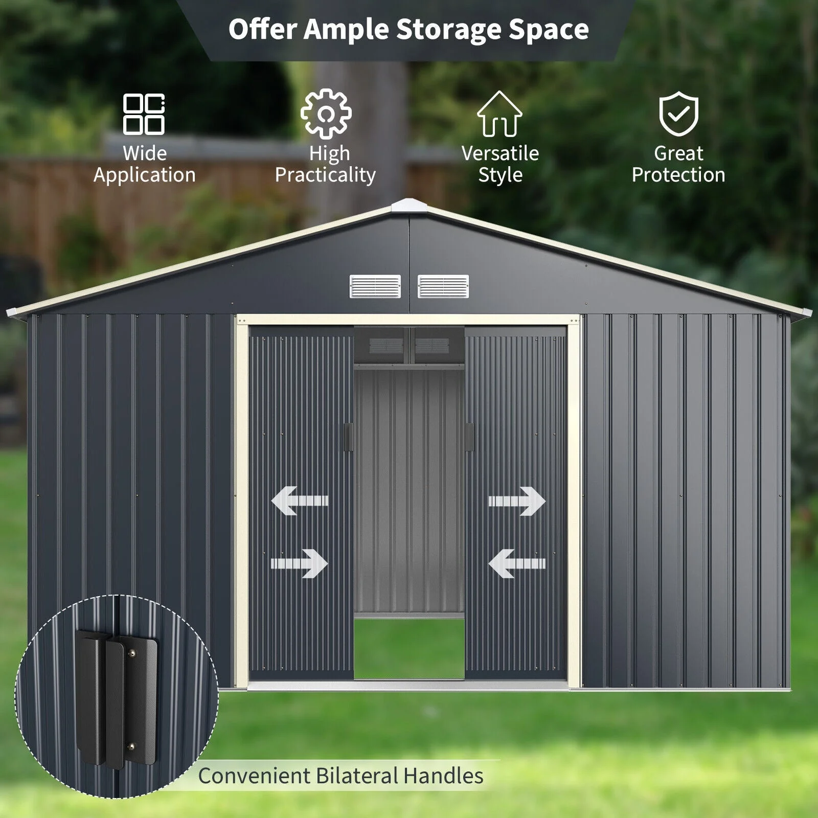Large Outdoor Metal Storage Backyard Shed W/ Lockable Sliding Doors, 11' x 8' (93064172) - Image 4