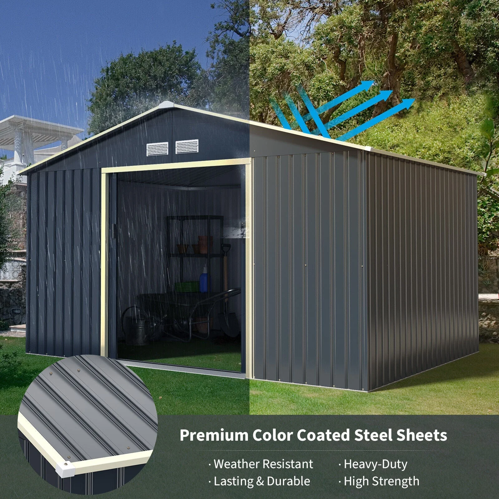 Large Outdoor Metal Storage Backyard Shed W/ Lockable Sliding Doors, 11' x 8' (93064172) - Image 6