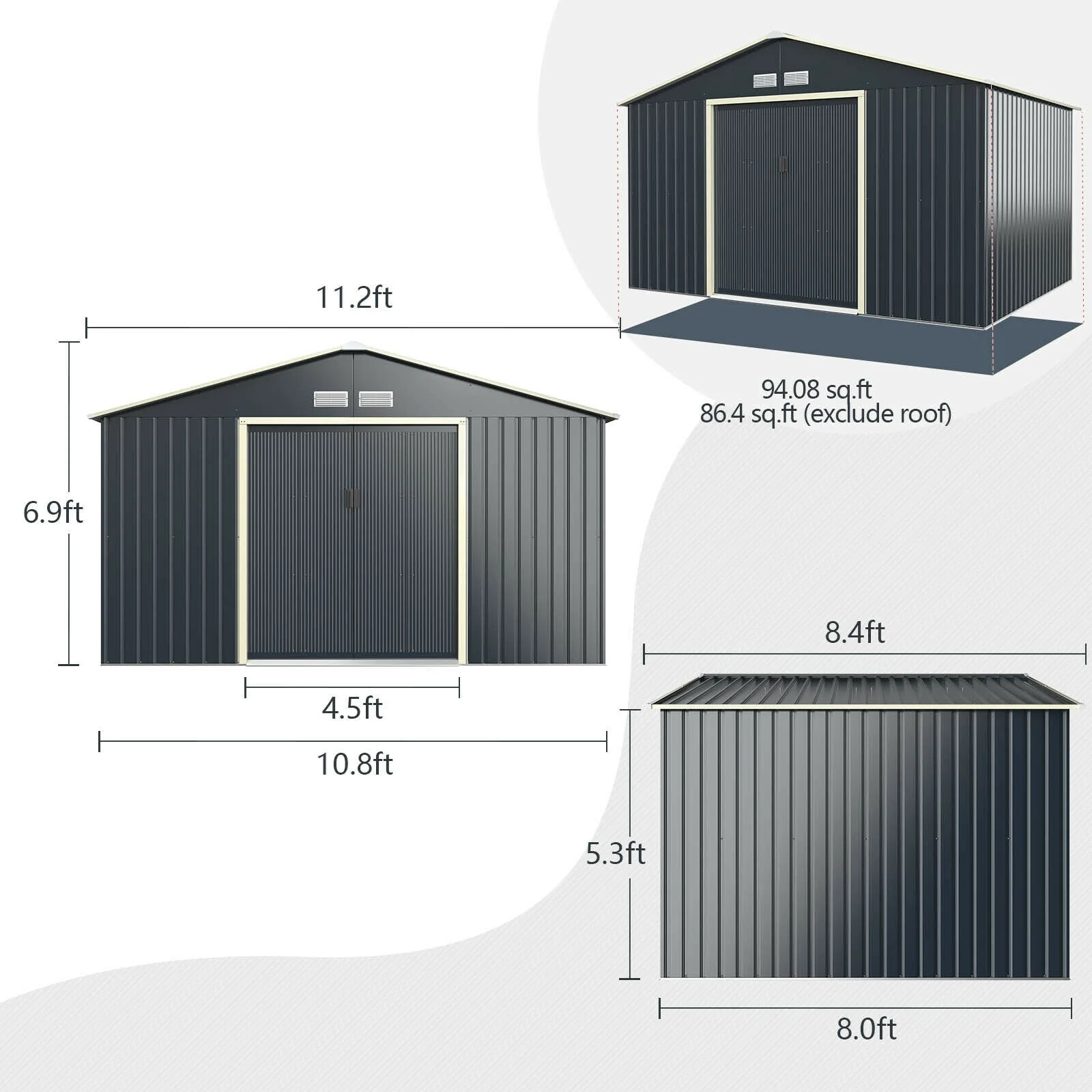Large Outdoor Metal Storage Backyard Shed W/ Lockable Sliding Doors, 11' x 8' (93064172) - Image 9