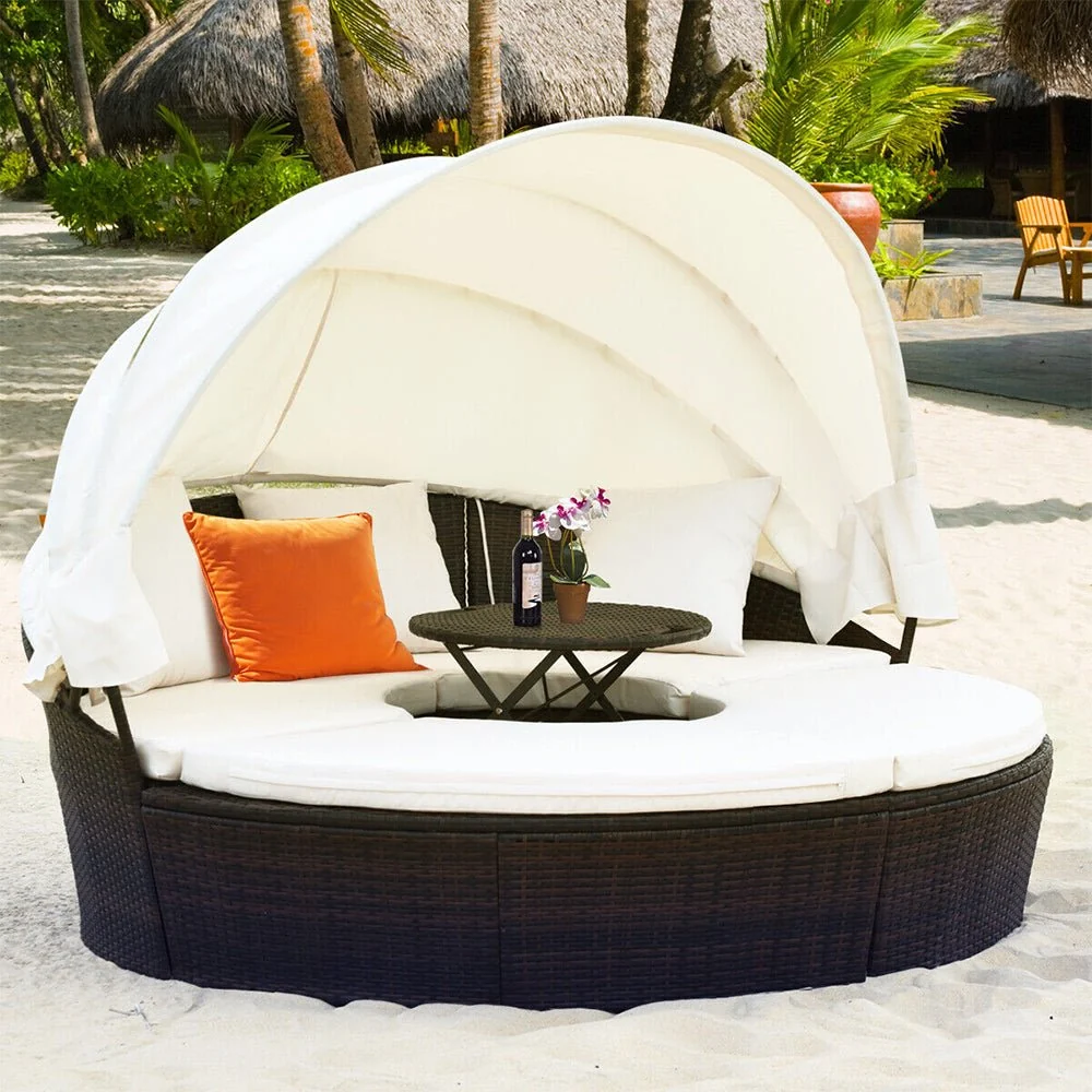 Large Outdoor Patio Rattan Daybed Sofa W/ Adjustable Table Top, Canopy & 3 Pillows, 76" (91254763)