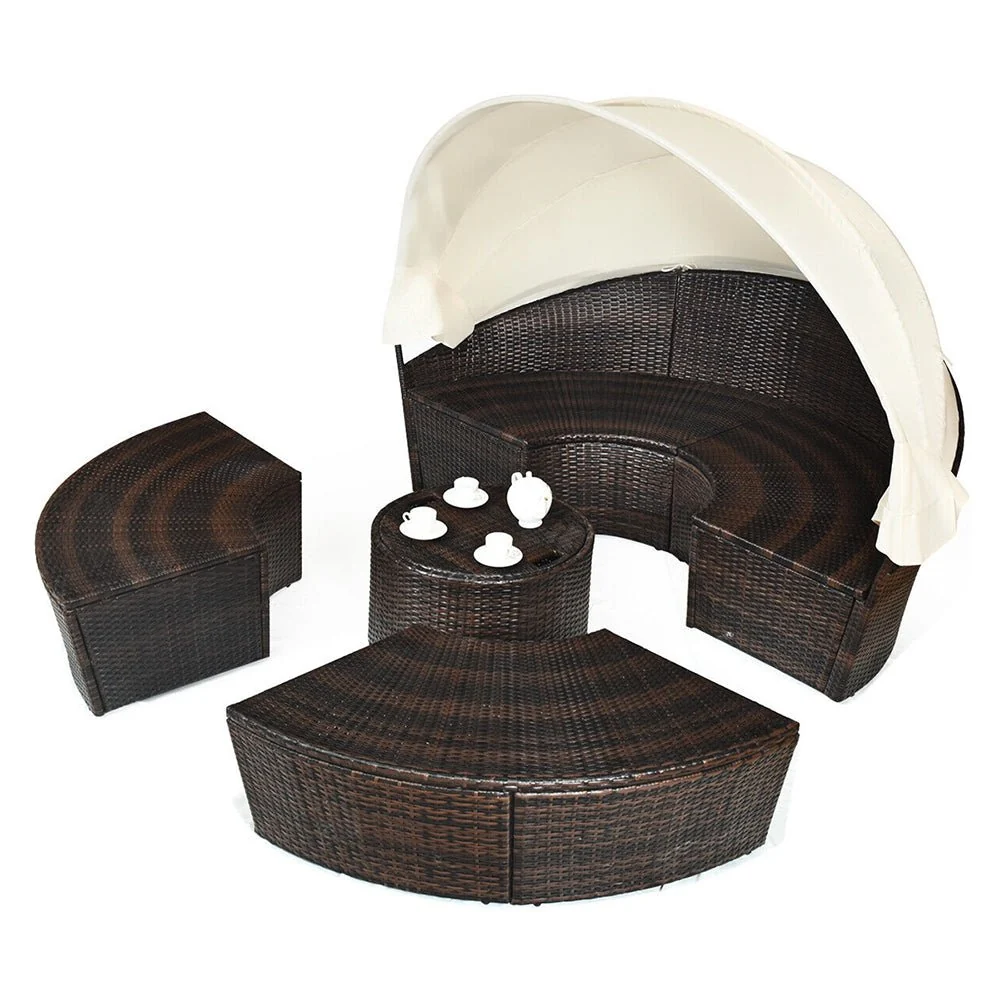Large Outdoor Patio Rattan Daybed Sofa W/ Adjustable Table Top, Canopy & 3 Pillows, 76" (91254763) - Image 2