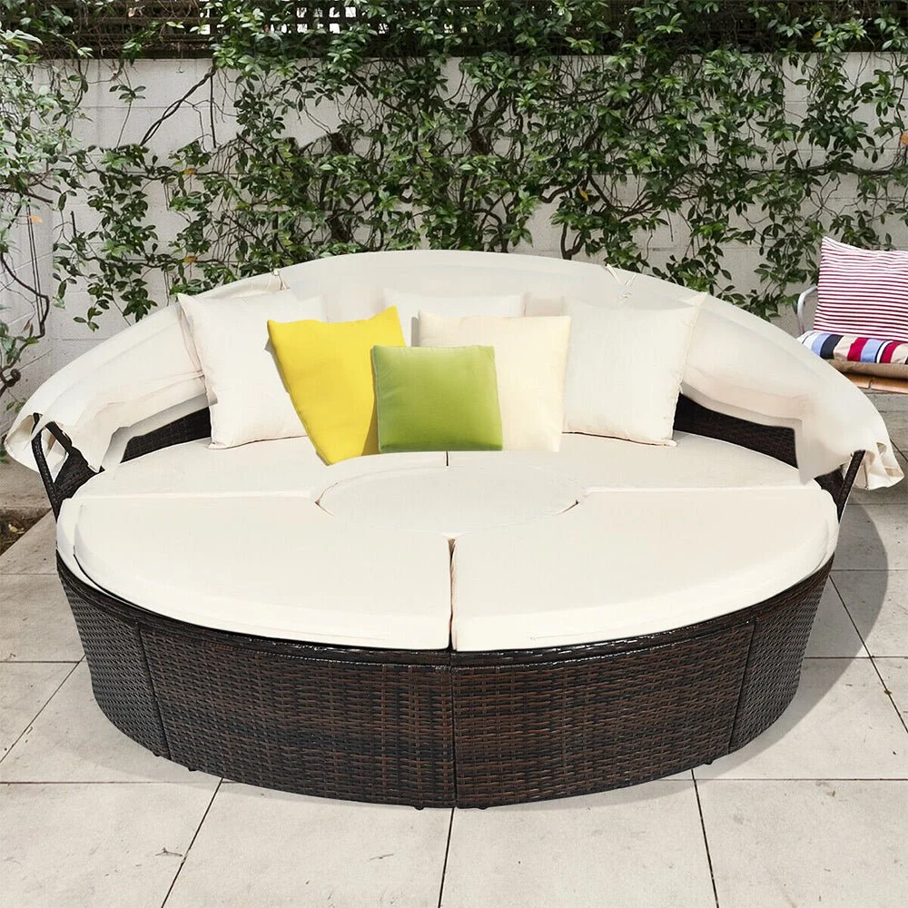 Large Outdoor Patio Rattan Daybed Sofa W/ Adjustable Table Top, Canopy & 3 Pillows, 76" (91254763) - Image 3