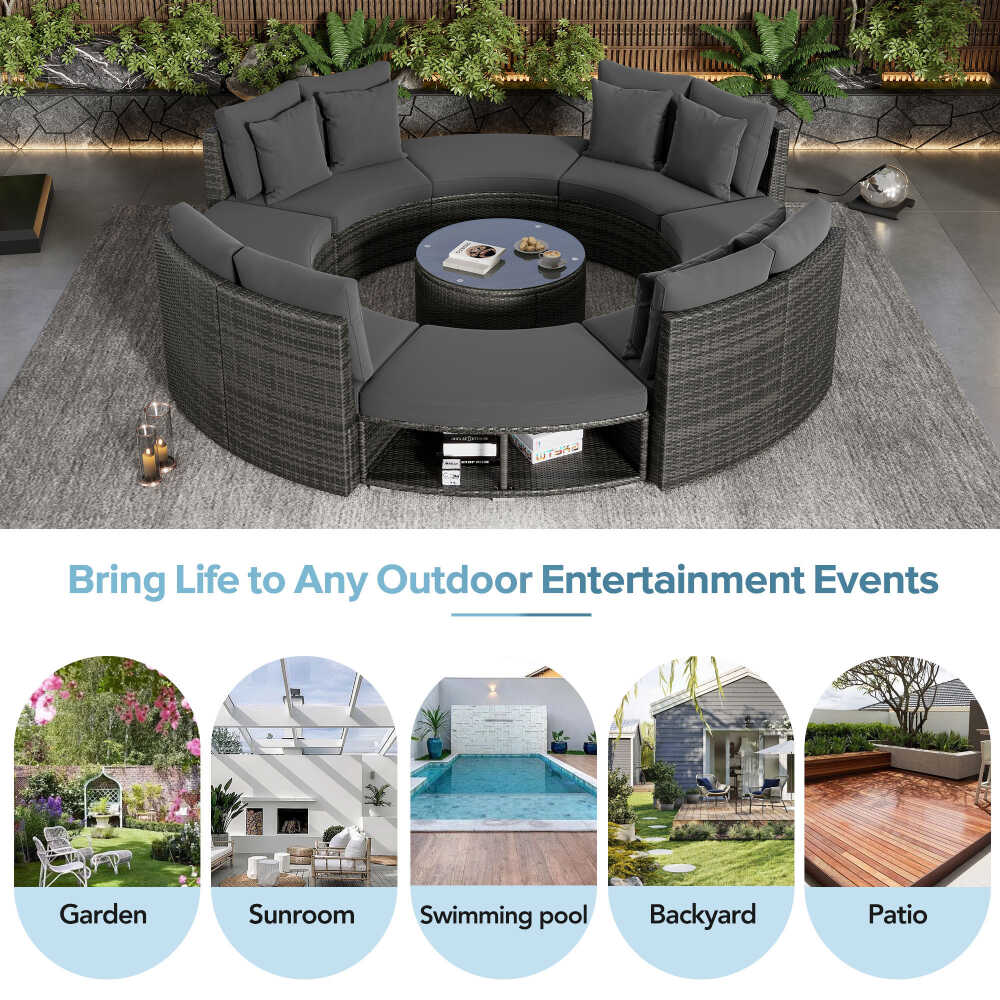 Large Premium Rattan Wicker Circular Patio Sofa Set With Tempered Glass Coffee Table And 6 Pillows - Image 16
