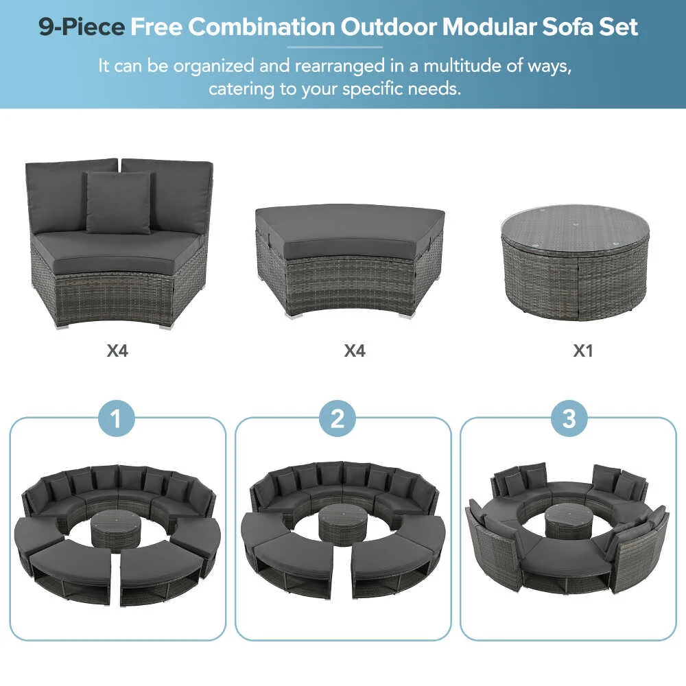 Large Premium Rattan Wicker Circular Patio Sofa Set With Tempered Glass Coffee Table And 6 Pillows - Image 6