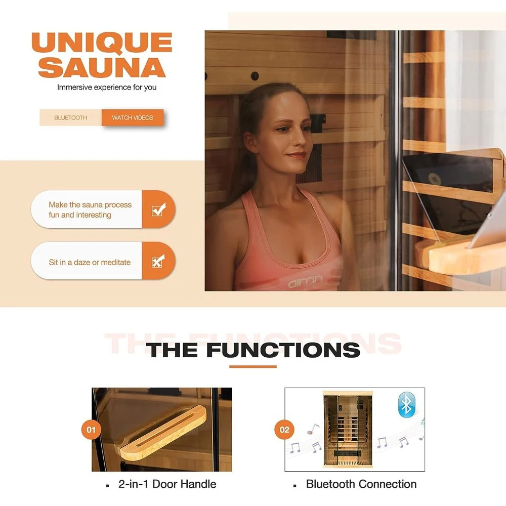 Luxury 2-Person Low EMF FAR Infrared Heat Wood Home Personal Spa Sauna W/ Panoramic Tempered Glass, 2000W (93627481) - Image 2