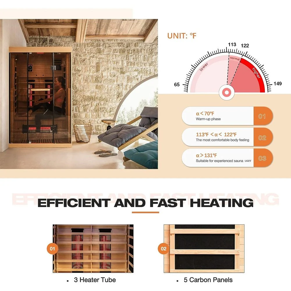 Luxury 2-Person Low EMF FAR Infrared Heat Wood Home Personal Spa Sauna W/ Panoramic Tempered Glass, 2000W (93627481) - Image 3