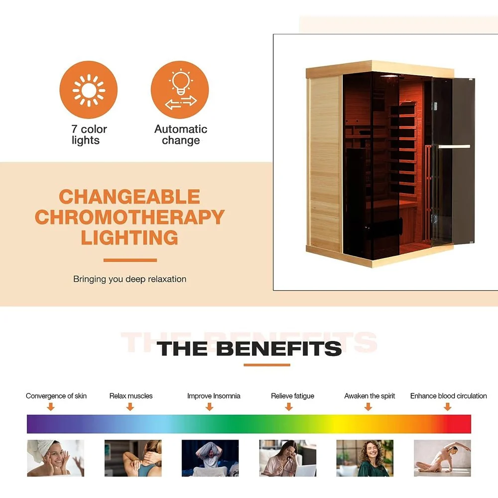 Luxury 2-Person Low EMF FAR Infrared Heat Wood Home Personal Spa Sauna W/ Panoramic Tempered Glass, 2000W (93627481) - Image 4
