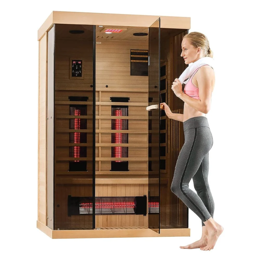 Luxury 2-Person Low EMF FAR Infrared Heat Wood Home Personal Spa Sauna W/ Panoramic Tempered Glass, 2000W (93627481) - Image 5
