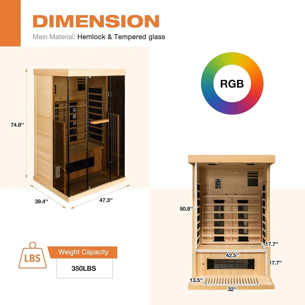 Luxury 2-Person Low EMF FAR Infrared Heat Wood Home Personal Spa Sauna W/ Panoramic Tempered Glass, 2000W (93627481) - Image 6